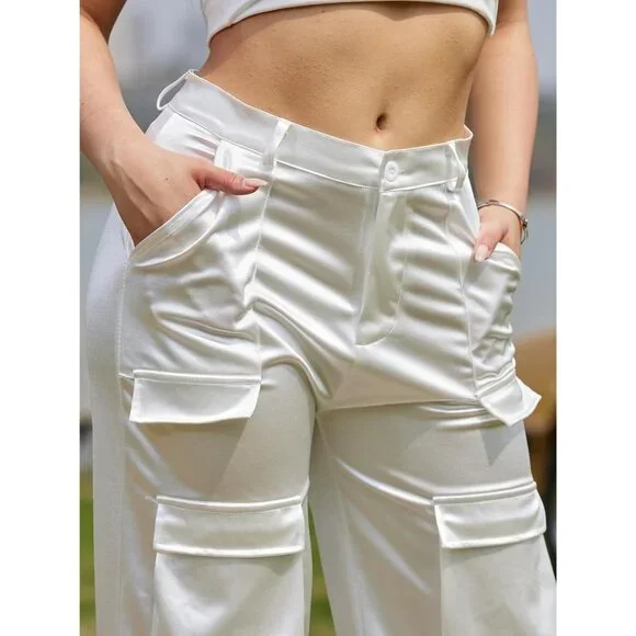 Elegant Wide Leg Satin Cargo Pants for Women - Flattering Loose Fit with Pockets